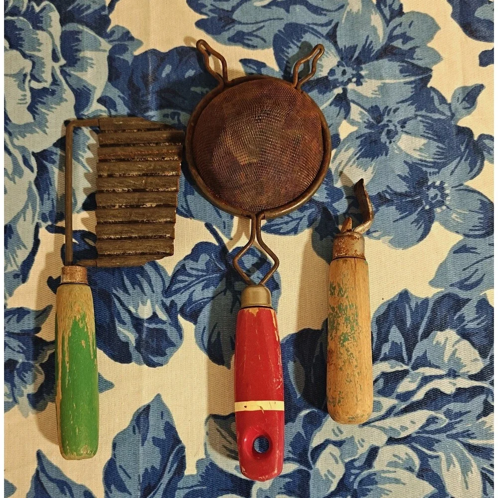 Lot Of 3 Antique Primitive Farmhouse Kitchen Tools Wooden Handles